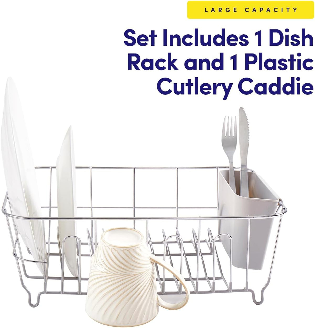 Dish Drying Rack & Cutlery Holder 2 Piece Set - Compact Sink-Fitting Dish Drainer with Rubberized Undercoating, Space-Saving Kitchen Organizer for Plates, Cups, Bowls & Utensils in Sink, Silver