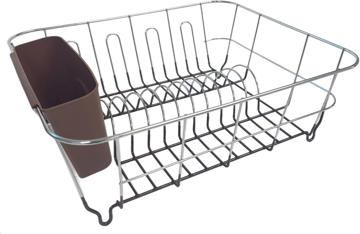 Dish Drying Rack & Cutlery Holder 2 Piece Set - Compact Sink-Fitting Dish Drainer with Rubberized Undercoating, Space-Saving Kitchen Organizer for Plates, Cups, Bowls & Utensils in Sink, Silver