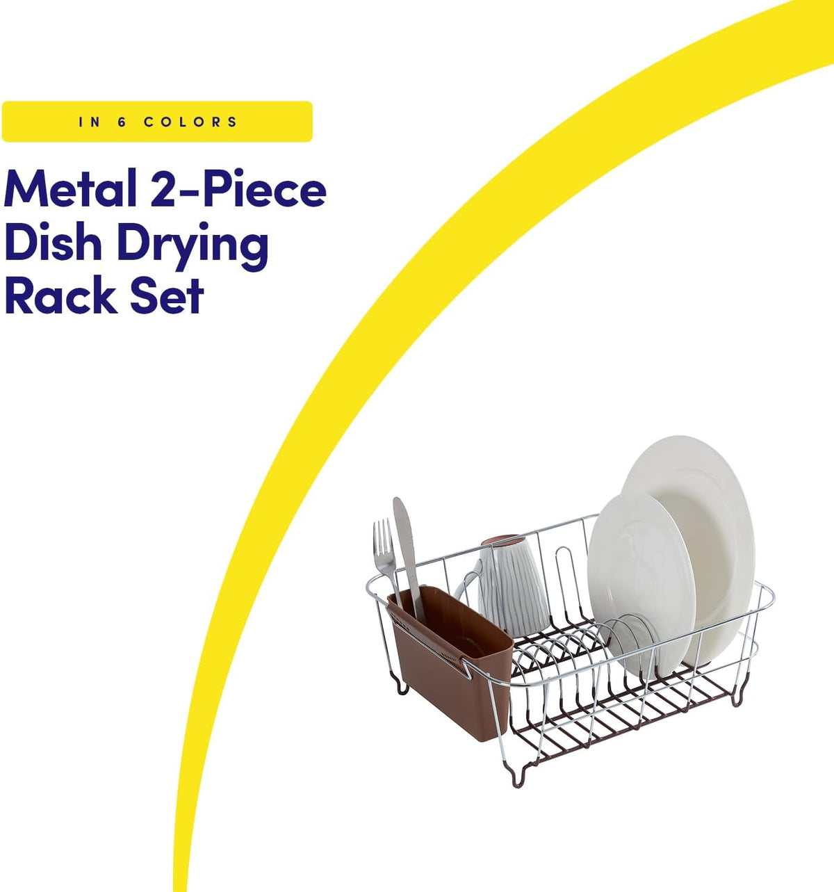 Dish Drying Rack & Cutlery Holder 2 Piece Set - Compact Sink-Fitting Dish Drainer with Rubberized Undercoating, Space-Saving Kitchen Organizer for Plates, Cups, Bowls & Utensils in Sink, Silver