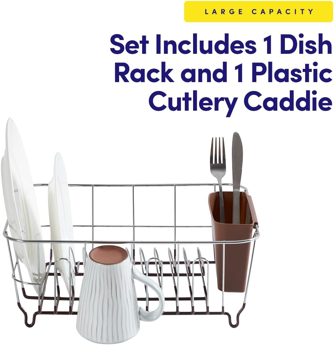 Dish Drying Rack & Cutlery Holder 2 Piece Set - Compact Sink-Fitting Dish Drainer with Rubberized Undercoating, Space-Saving Kitchen Organizer for Plates, Cups, Bowls & Utensils in Sink, Silver