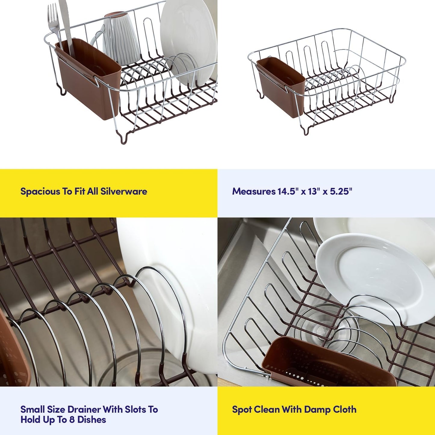 Dish Drying Rack & Cutlery Holder 2 Piece Set - Compact Sink-Fitting Dish Drainer with Rubberized Undercoating, Space-Saving Kitchen Organizer for Plates, Cups, Bowls & Utensils in Sink, Silver