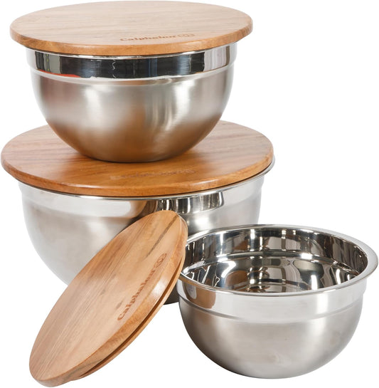 Orbit Mixing Bowl Set, 3-Piece Stainless Steel Mixing Bowls(1.5 Qt, 3 Qt, 5 Qt) with Acacia Wood Lids & Non-Slip Base, Kitchen Prep Bowls for Mixing, Serving & Food Storage