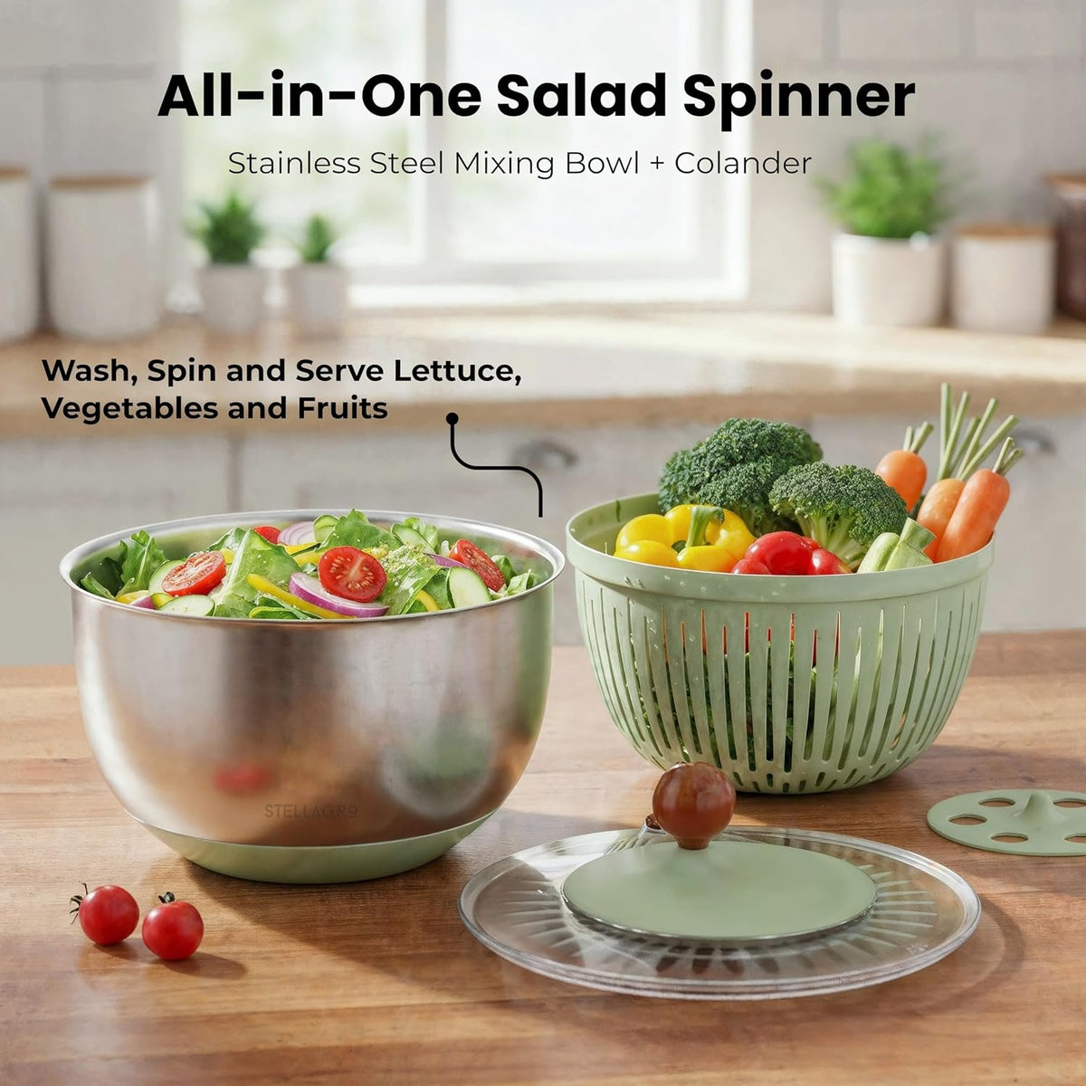 Large Stainless Steel Salad Spinner 5.3QT, Lettuce Dryer, Vegetable Washer with Brake Button, Non-Slip Base, Salad Dryer for Greens, Fruits & Vegetables