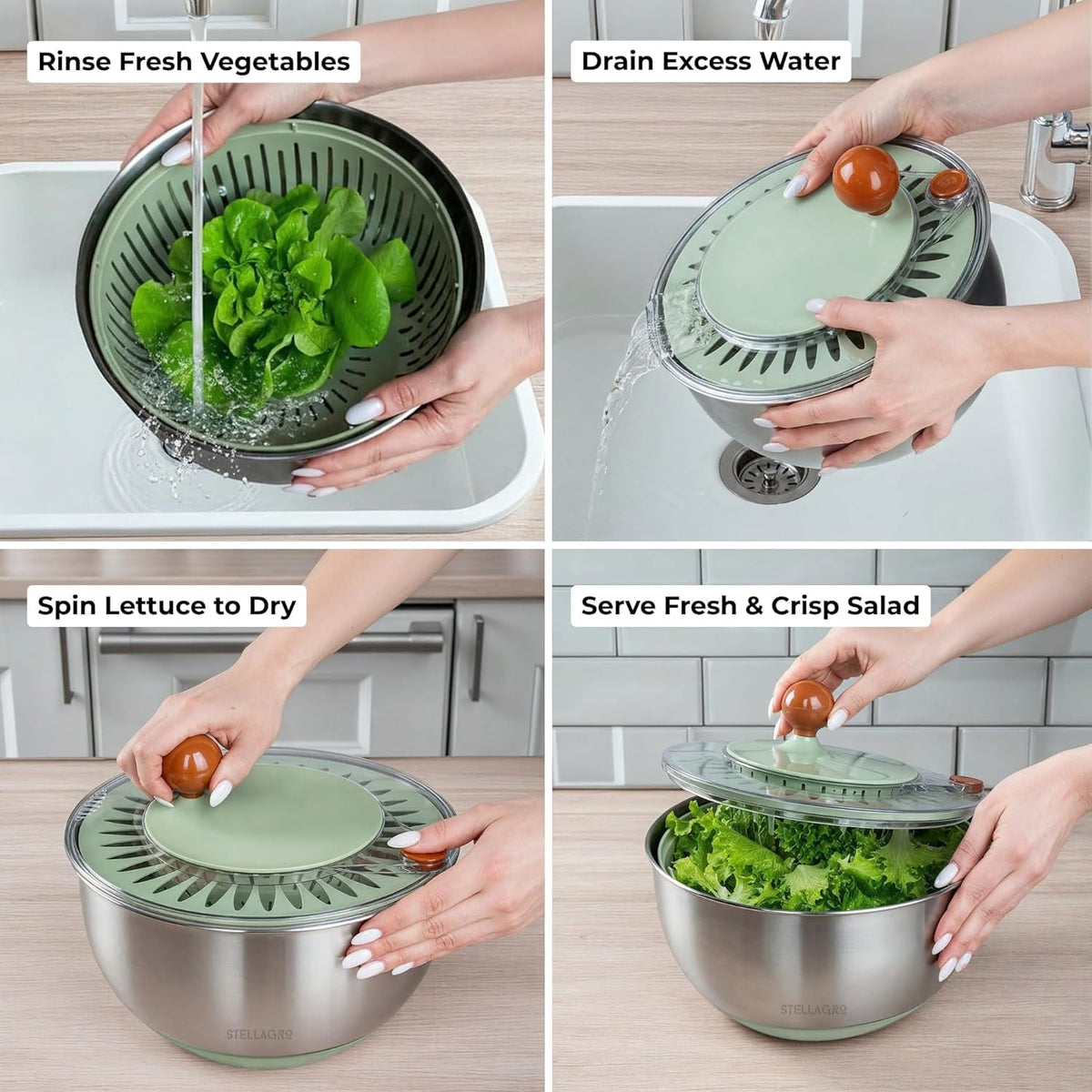 Large Stainless Steel Salad Spinner 5.3QT, Lettuce Dryer, Vegetable Washer with Brake Button, Non-Slip Base, Salad Dryer for Greens, Fruits & Vegetables