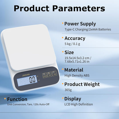 Kitchen Scale 5kg/0.1g Precision Food Scales for Kitchen Digital Scale Grams for Cooking Baking Weight Loss, Rechargeable Coffee Scale Food Weight Scale with Large Backlit LCD Display USB Cord