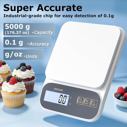Kitchen Scale 5kg/0.1g Precision Food Scales for Kitchen Digital Scale Grams for Cooking Baking Weight Loss, Rechargeable Coffee Scale Food Weight Scale with Large Backlit LCD Display USB Cord