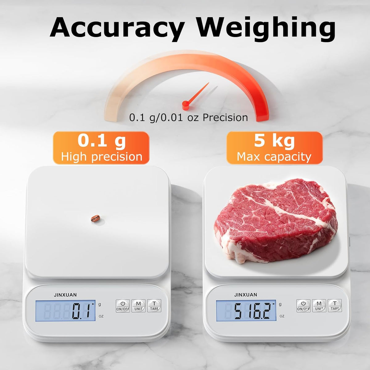Kitchen Scale 5kg/0.1g Precision Food Scales for Kitchen Digital Scale Grams for Cooking Baking Weight Loss, Rechargeable Coffee Scale Food Weight Scale with Large Backlit LCD Display USB Cord