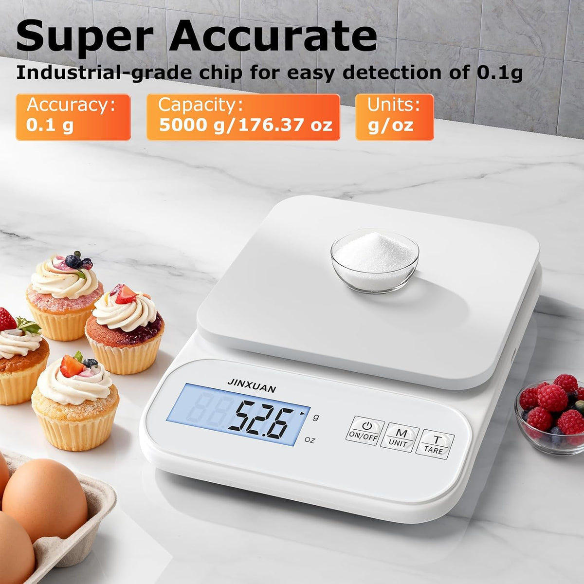 Kitchen Scale 5kg/0.1g Precision Food Scales for Kitchen Digital Scale Grams for Cooking Baking Weight Loss, Rechargeable Coffee Scale Food Weight Scale with Large Backlit LCD Display USB Cord