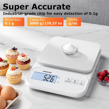 Kitchen Scale 5kg/0.1g Precision Food Scales for Kitchen Digital Scale Grams for Cooking Baking Weight Loss, Rechargeable Coffee Scale Food Weight Scale with Large Backlit LCD Display USB Cord