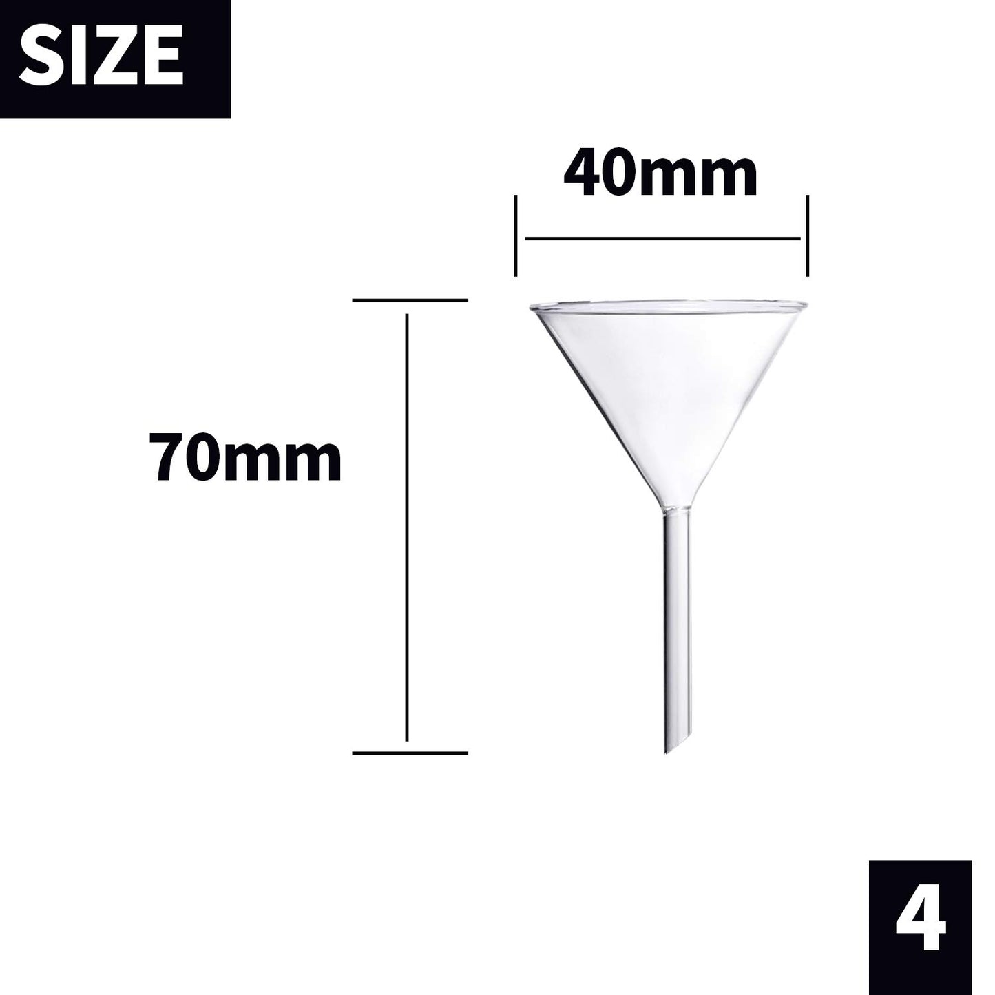 Glass Funnel Set, 4 Pcs Lab Borosilicate Glass Funnels, 100mm (170mm Length), 75mm (130mm), 50mm (90mm) & 40mm (70mm) Diameter
