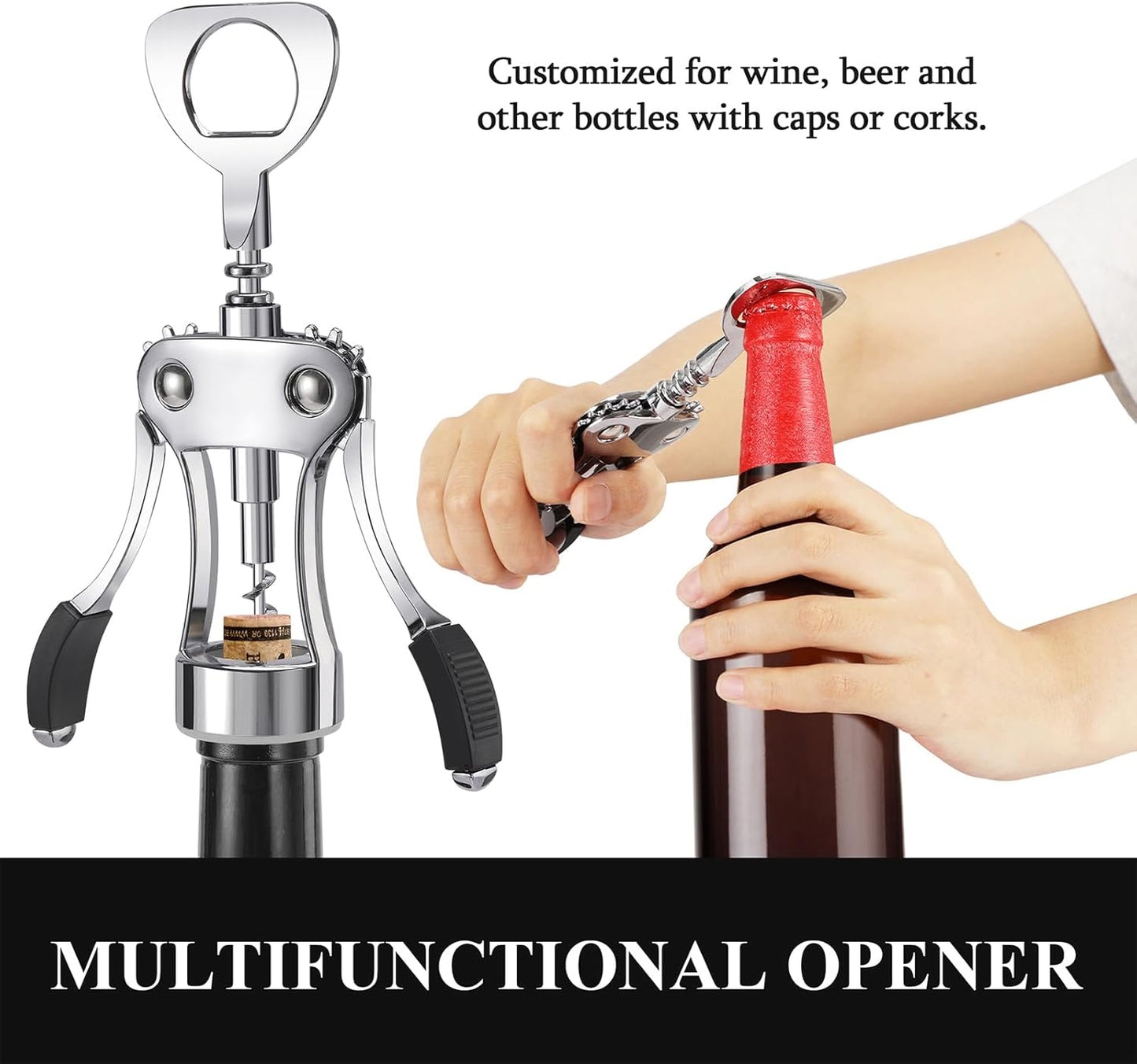 Wine Opener, Heavy-Duty Zinc Alloy Wing Corkscrew, Premium Beer Bottle Opener, Multifunctional Wine Accessories with Ergonomic Handle and Sharp Screw, for Kitchen, Bar, Restaurant (SILVER)