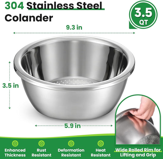 3.5QT Hands-Free 304 Stainless Steel Strainer and Colander with Self-Draining Base, Kitchen Microporous Strainers for Rice Pasta Fruits and Vegetables
