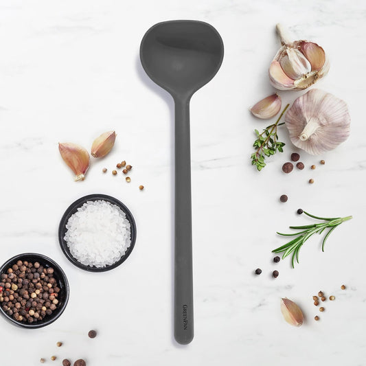Silicone Ladle, Soup Mixing Stirring Serving, Cooking Kitchen Utensil, Flexible Rubber Nonstick Cookware, Rigid Steel Core, Heat-Resistant, Anti-Slip Handle, BPA-Free, Dishwasher Safe, Gray