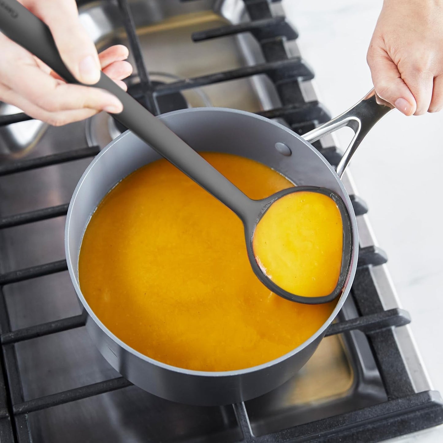 Silicone Ladle, Soup Mixing Stirring Serving, Cooking Kitchen Utensil, Flexible Rubber Nonstick Cookware, Rigid Steel Core, Heat-Resistant, Anti-Slip Handle, BPA-Free, Dishwasher Safe, Gray