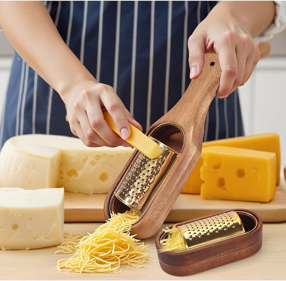 Box Cheese Grater With Container Stainless Steel Parmesan Cheese Grater With Wood Handle Shredder Zester Grater Box Kitchen Handheld Cheese Spoon Grater-Gold Colour (Without Handle)