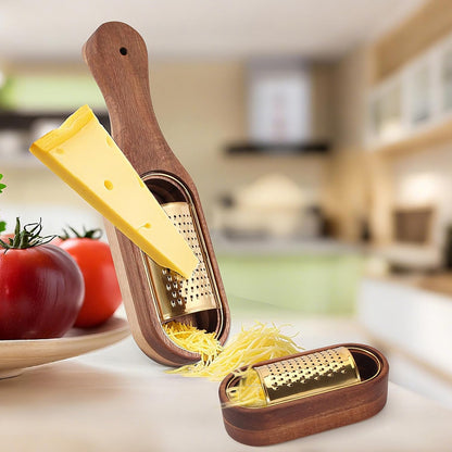 Box Cheese Grater With Container Stainless Steel Parmesan Cheese Grater With Wood Handle Shredder Zester Grater Box Kitchen Handheld Cheese Spoon Grater-Gold Colour (Without Handle)