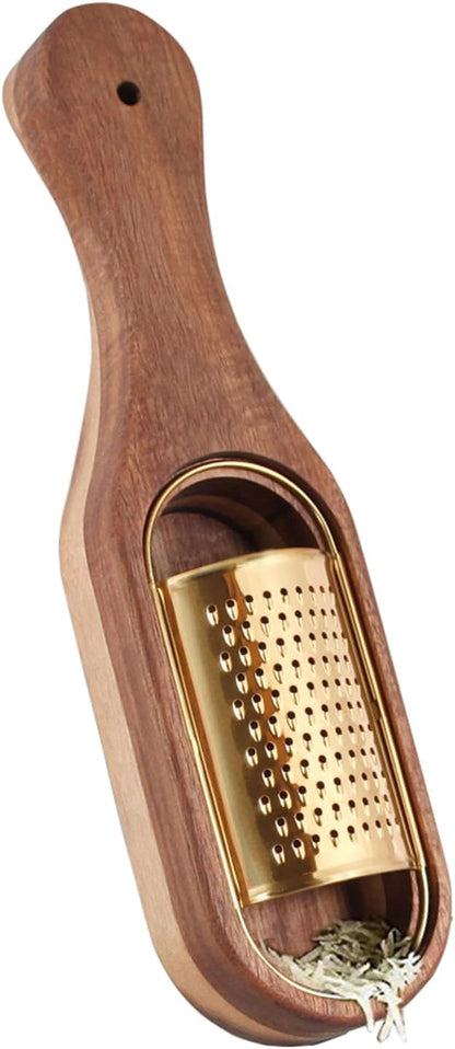 Box Cheese Grater With Container Stainless Steel Parmesan Cheese Grater With Wood Handle Shredder Zester Grater Box Kitchen Handheld Cheese Spoon Grater-Gold Colour (Without Handle)