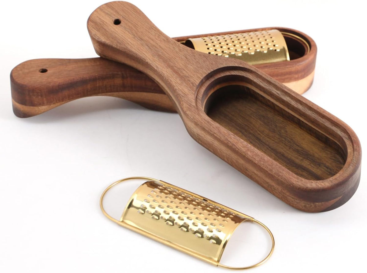 Box Cheese Grater With Container Stainless Steel Parmesan Cheese Grater With Wood Handle Shredder Zester Grater Box Kitchen Handheld Cheese Spoon Grater-Gold Colour (Without Handle)