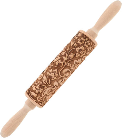 Embossed Rolling Pin for Baking Wooden Pastry Roller with Intricate Floral Patterns for Cookies Fondant and Dough for Weddings Holidays and Special Occasions