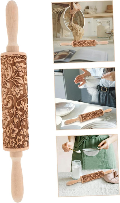 Embossed Rolling Pin for Baking Wooden Pastry Roller with Intricate Floral Patterns for Cookies Fondant and Dough for Weddings Holidays and Special Occasions