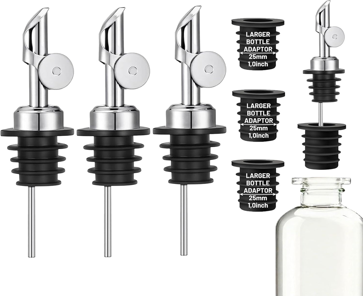 3 Pack Olive Oil Pour Spout with Adapters, Oils Pourer for Olive Oil Dispenser Bottle, Easily Turn Your Bottles into Dispensers for Liquor, Vinegar, Oils, Syrup, Liquor Bottle Pourers, Silver