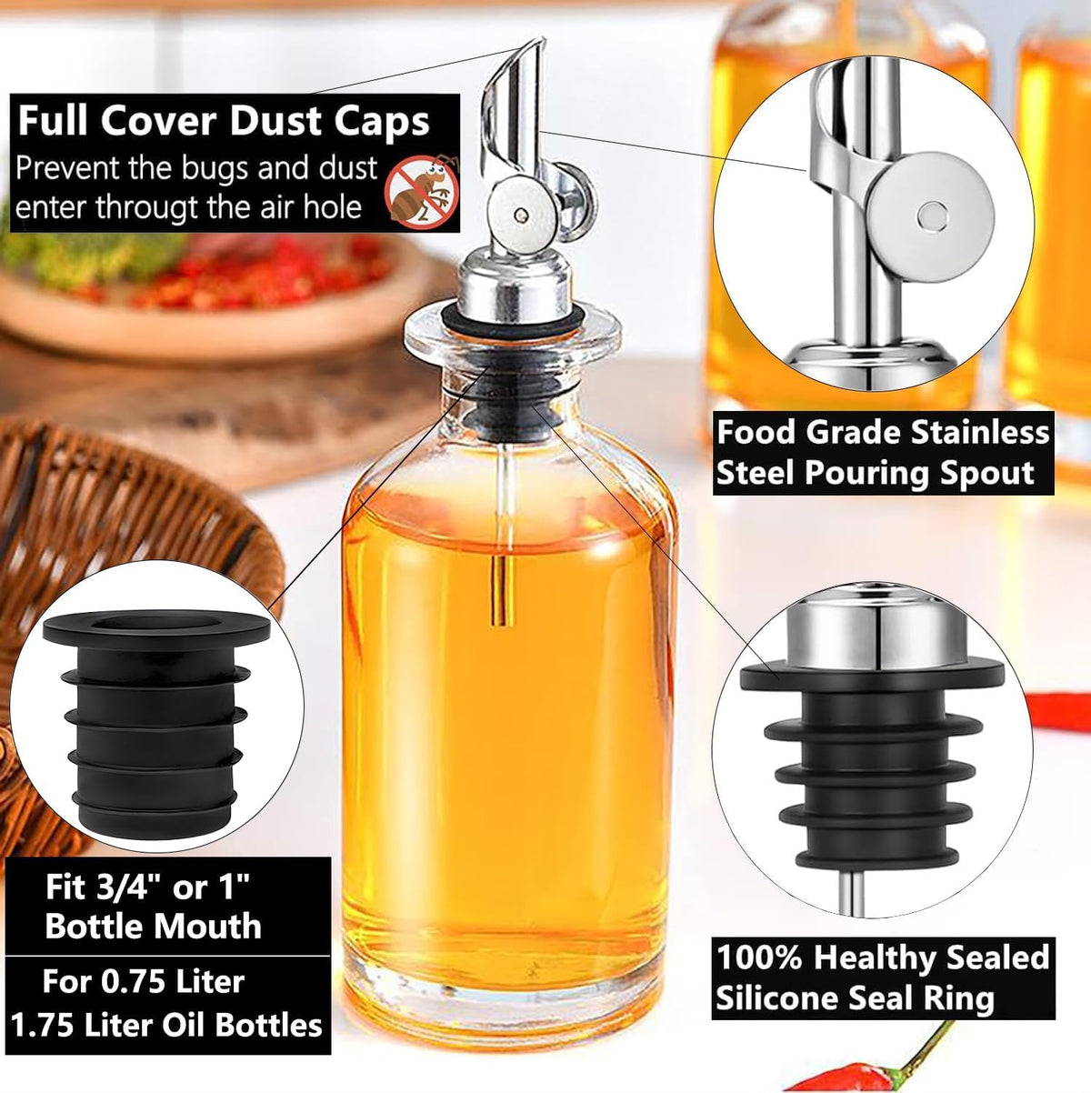 3 Pack Olive Oil Pour Spout with Adapters, Oils Pourer for Olive Oil Dispenser Bottle, Easily Turn Your Bottles into Dispensers for Liquor, Vinegar, Oils, Syrup, Liquor Bottle Pourers, Silver