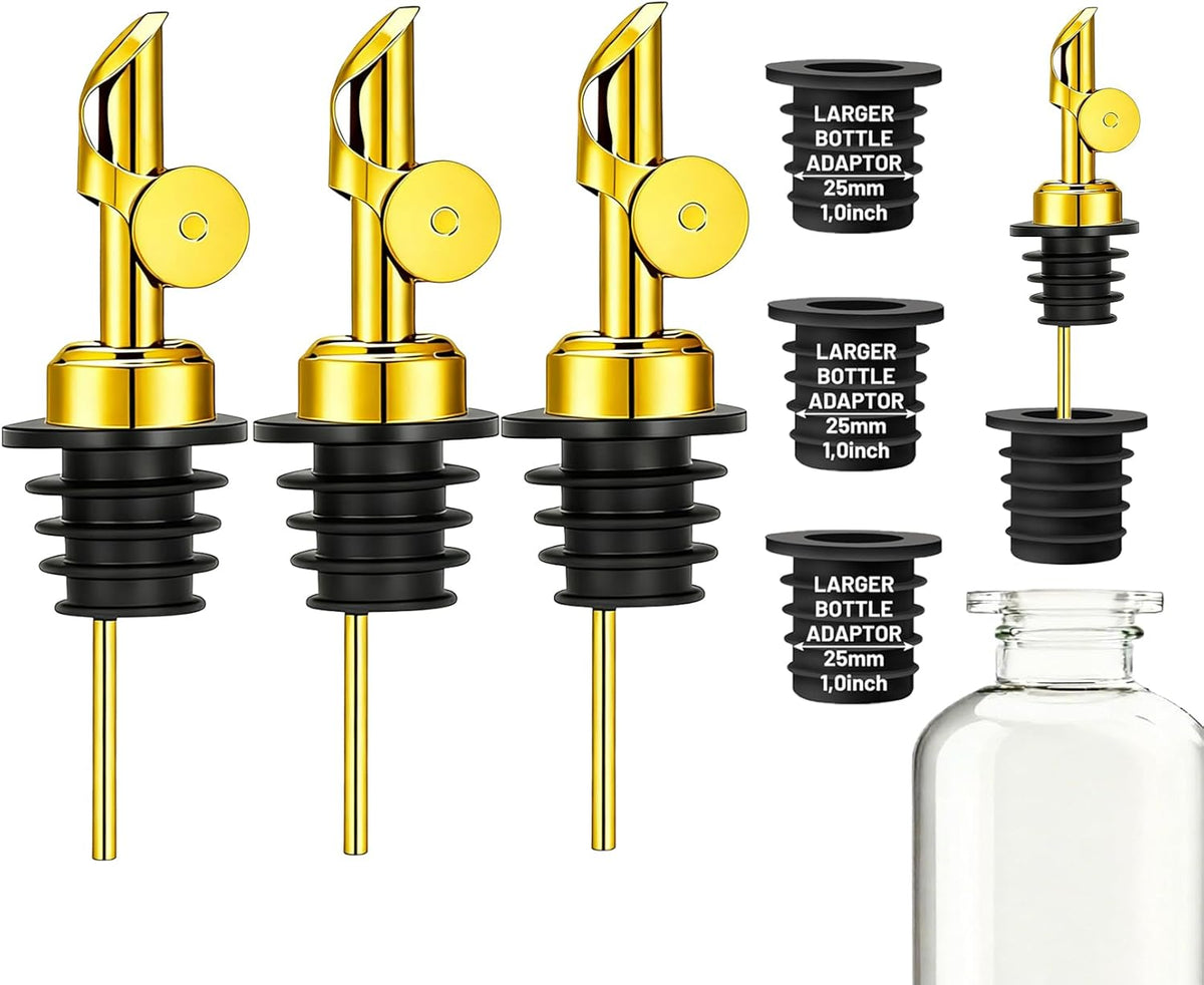 3 Pack Olive Oil Pour Spout with Adapters, Oils Pourer for Olive Oil Dispenser Bottle, Easily Turn Your Bottles into Dispensers for Liquor, Vinegar, Oils, Syrup, Liquor Bottle Pourers, Silver