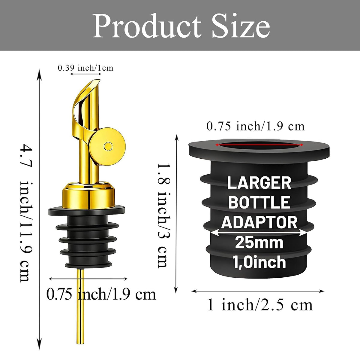 3 Pack Olive Oil Pour Spout with Adapters, Oils Pourer for Olive Oil Dispenser Bottle, Easily Turn Your Bottles into Dispensers for Liquor, Vinegar, Oils, Syrup, Liquor Bottle Pourers, Silver