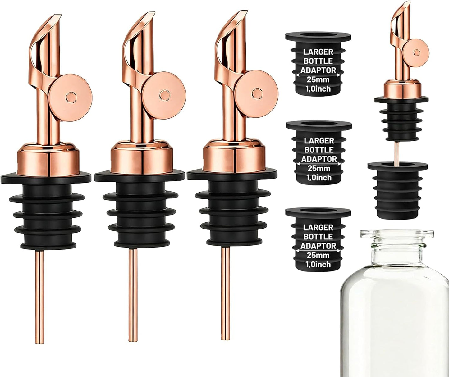 3 Pack Olive Oil Pour Spout with Adapters, Oils Pourer for Olive Oil Dispenser Bottle, Easily Turn Your Bottles into Dispensers for Liquor, Vinegar, Oils, Syrup, Liquor Bottle Pourers, Silver