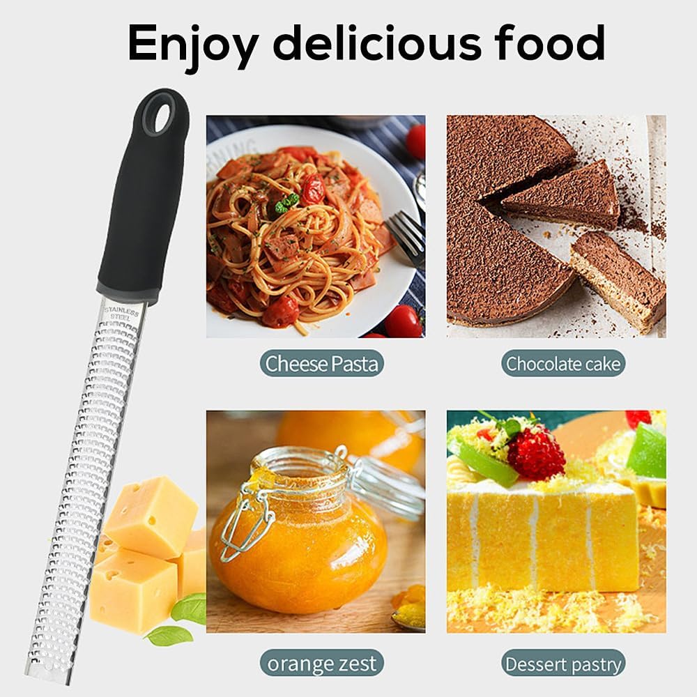 1Pack Lemon Zester Stainless Steel Cheese Grater with Plastic Cover Ergonomic Soft Black Handle Handheld Rotary Cheese Grater Zester Ideal for Kitchen Use and Food Preparation