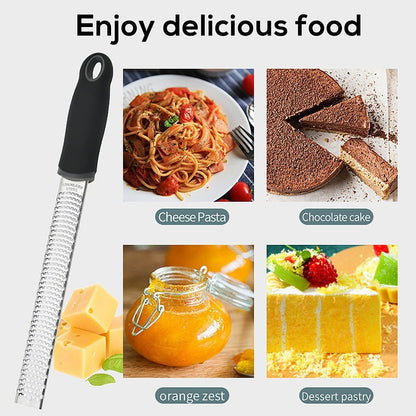 1Pack Lemon Zester Stainless Steel Cheese Grater with Plastic Cover Ergonomic Soft Black Handle Handheld Rotary Cheese Grater Zester Ideal for Kitchen Use and Food Preparation