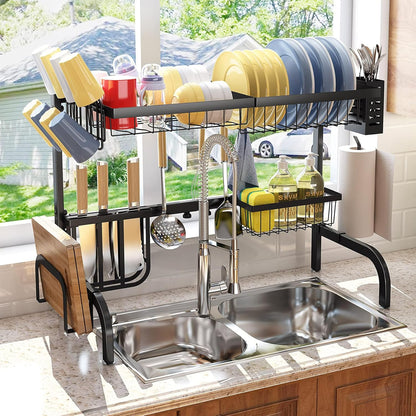 Over the Sink Dish Drying Rack, Adjustable (25.5 to 33.5 inch) 2 Tier Metal Steel Dish Drying Racks for Kitchen Counter with Hooks Paper Towel Utensil Cup Holder Sink Caddy (Black)