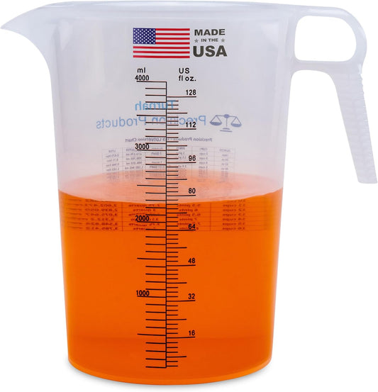 One Gallon 128oz Measure Pitcher - Convenient Conversion Chart - Strong Food Grade - Great for Lawn, Chemicals Pool, Ag, Lye, Home Hobbies, Motor Oil, Fluids - Precision Products, Made in USA
