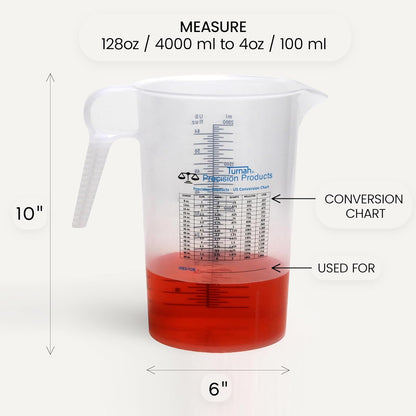 One Gallon 128oz Measure Pitcher - Convenient Conversion Chart - Strong Food Grade - Great for Lawn, Chemicals Pool, Ag, Lye, Home Hobbies, Motor Oil, Fluids - Precision Products, Made in USA