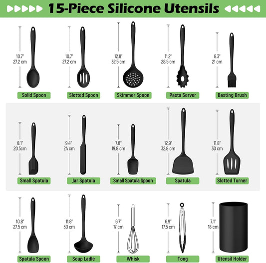 Silicone Cooking Utensil Set, 15pcs Kitchen Utensils with Holder | Black Silicone Spatula Set for Nonstick Cookware, Heat Resistant up to 446ºF, Nontoxic Baking Kitchen Tools, Dishwasher Safe