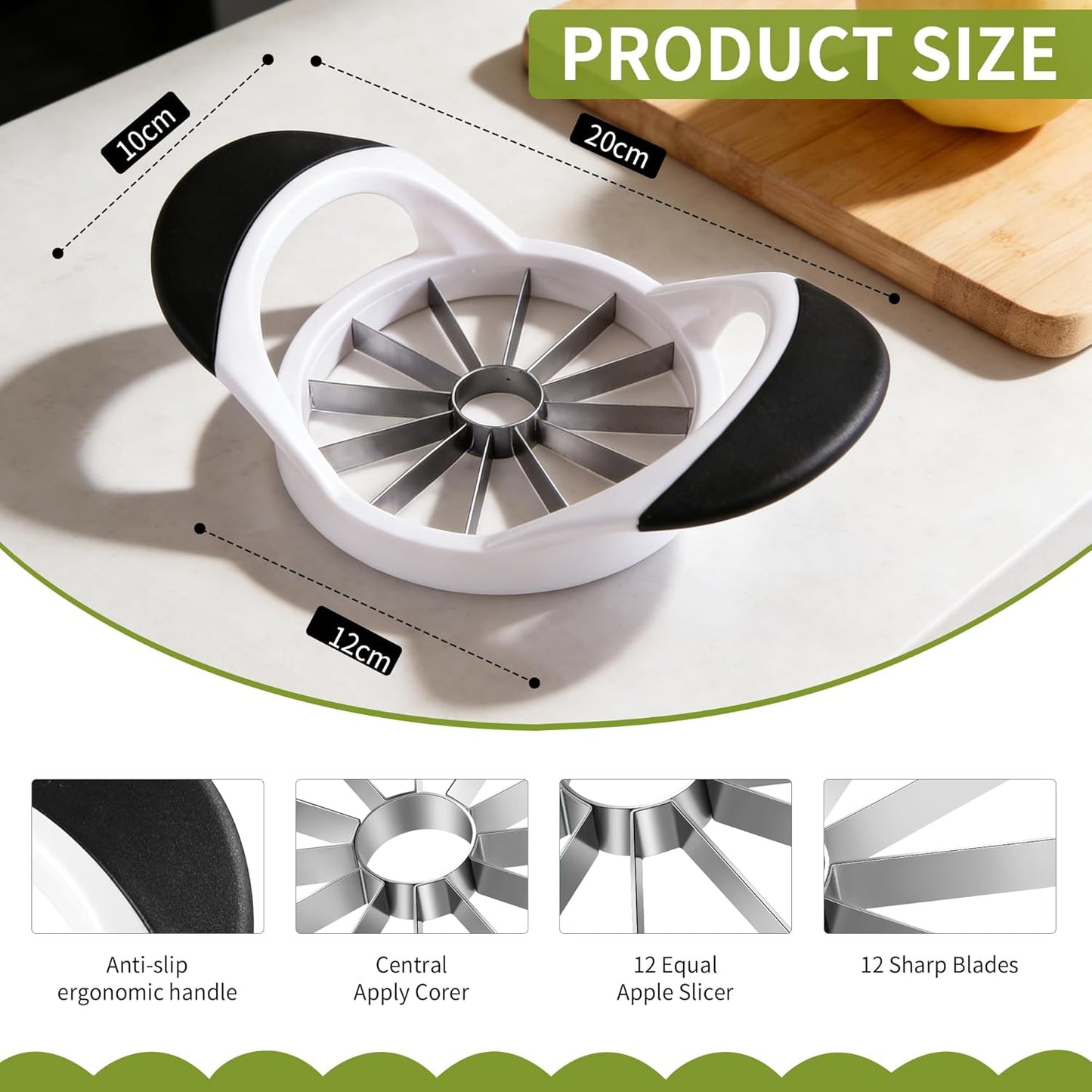 Apple Cutter, 4.72 Inch Apple Corer - Apple Slicer Tool | Stainless Steel ,with 12 Sharp Blades,with Anti-slip Handle