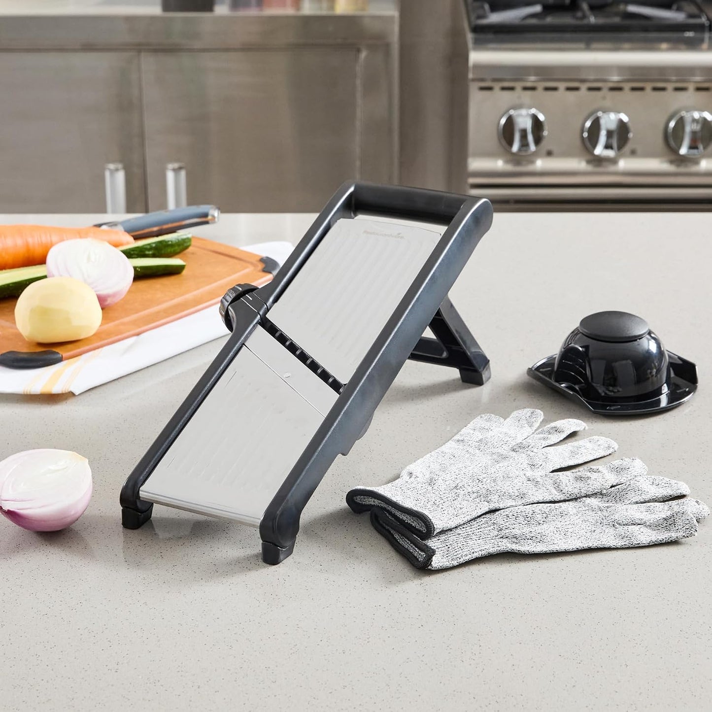 Stainless Steel Adjustable Mandoline Slicer - German Standard Vegetable Slicer with Blade Guard, Includes Cut-Resistant Gloves - Food Slicer for Potato, Onions, Cucumbers, Tomato