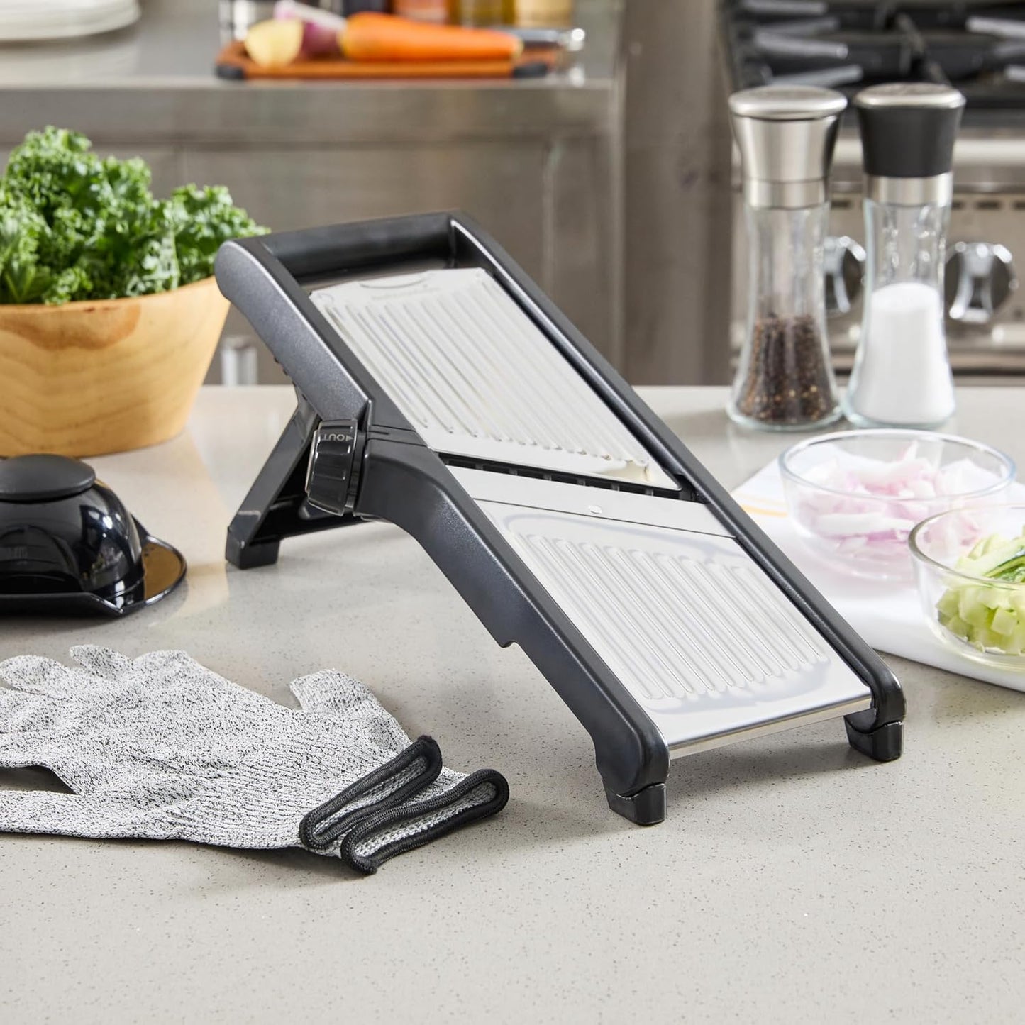 Stainless Steel Adjustable Mandoline Slicer - German Standard Vegetable Slicer with Blade Guard, Includes Cut-Resistant Gloves - Food Slicer for Potato, Onions, Cucumbers, Tomato