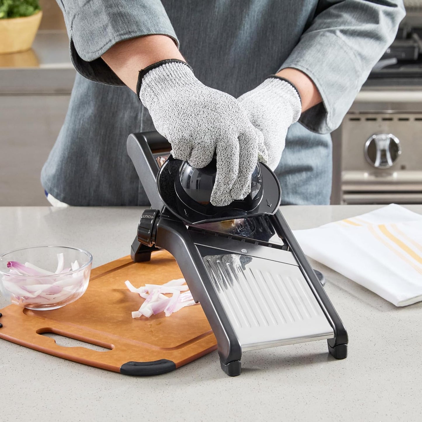 Stainless Steel Adjustable Mandoline Slicer - German Standard Vegetable Slicer with Blade Guard, Includes Cut-Resistant Gloves - Food Slicer for Potato, Onions, Cucumbers, Tomato