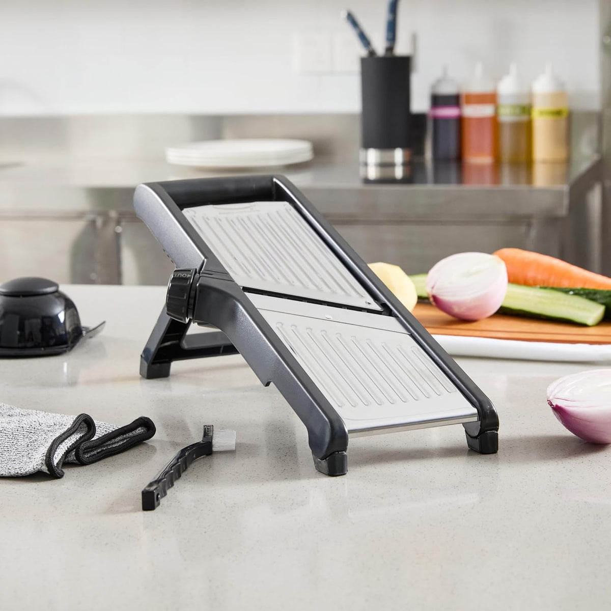 Stainless Steel Adjustable Mandoline Slicer - German Standard Vegetable Slicer with Blade Guard, Includes Cut-Resistant Gloves - Food Slicer for Potato, Onions, Cucumbers, Tomato