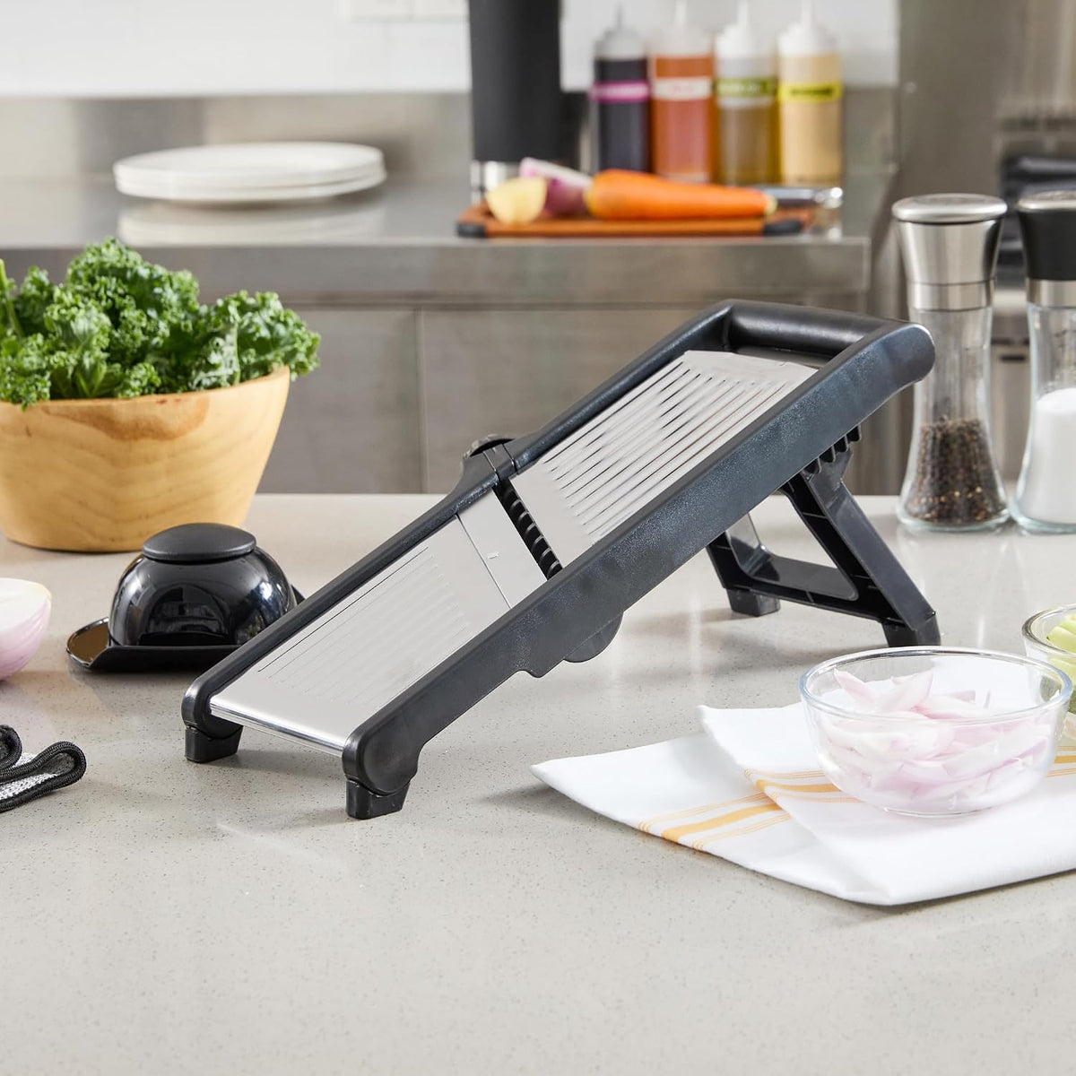 Stainless Steel Adjustable Mandoline Slicer - German Standard Vegetable Slicer with Blade Guard, Includes Cut-Resistant Gloves - Food Slicer for Potato, Onions, Cucumbers, Tomato