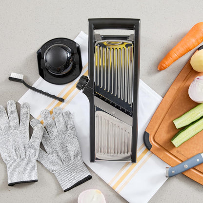 Stainless Steel Adjustable Mandoline Slicer - German Standard Vegetable Slicer with Blade Guard, Includes Cut-Resistant Gloves - Food Slicer for Potato, Onions, Cucumbers, Tomato