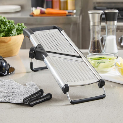 Stainless Steel Adjustable Mandoline Slicer - German Standard Vegetable Slicer with Blade Guard, Includes Cut-Resistant Gloves - Food Slicer for Potato, Onions, Cucumbers, Tomato