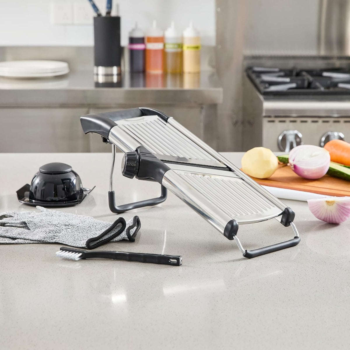 Stainless Steel Adjustable Mandoline Slicer - German Standard Vegetable Slicer with Blade Guard, Includes Cut-Resistant Gloves - Food Slicer for Potato, Onions, Cucumbers, Tomato