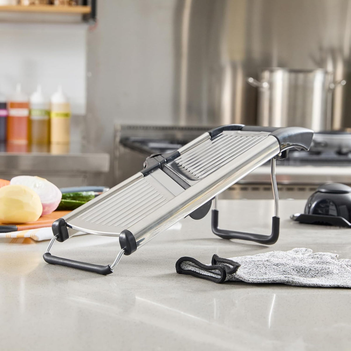 Stainless Steel Adjustable Mandoline Slicer - German Standard Vegetable Slicer with Blade Guard, Includes Cut-Resistant Gloves - Food Slicer for Potato, Onions, Cucumbers, Tomato