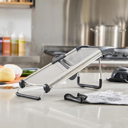 Stainless Steel Adjustable Mandoline Slicer - German Standard Vegetable Slicer with Blade Guard, Includes Cut-Resistant Gloves - Food Slicer for Potato, Onions, Cucumbers, Tomato