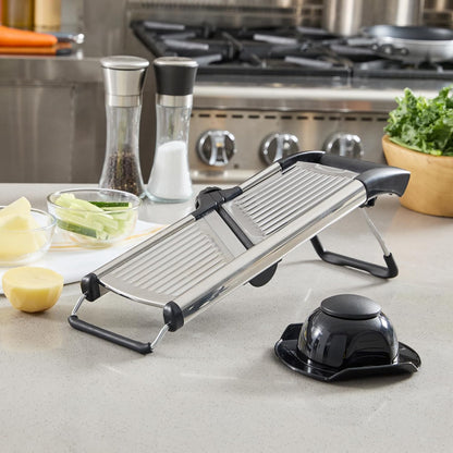 Stainless Steel Adjustable Mandoline Slicer - German Standard Vegetable Slicer with Blade Guard, Includes Cut-Resistant Gloves - Food Slicer for Potato, Onions, Cucumbers, Tomato