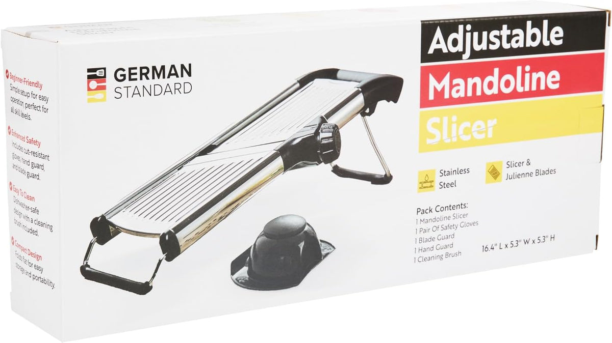 Stainless Steel Adjustable Mandoline Slicer - German Standard Vegetable Slicer with Blade Guard, Includes Cut-Resistant Gloves - Food Slicer for Potato, Onions, Cucumbers, Tomato