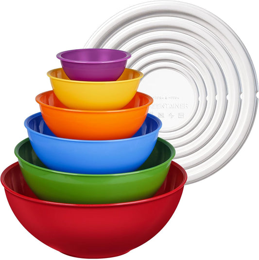 Plastic Mixing Bowls with Lids Set for Kitchen, 6 Set Nesting Bowls for Mixing, Baking, Prepping, Cooking and Serving Food, Mixing Bowls Dishwasher, Microwave Safe
