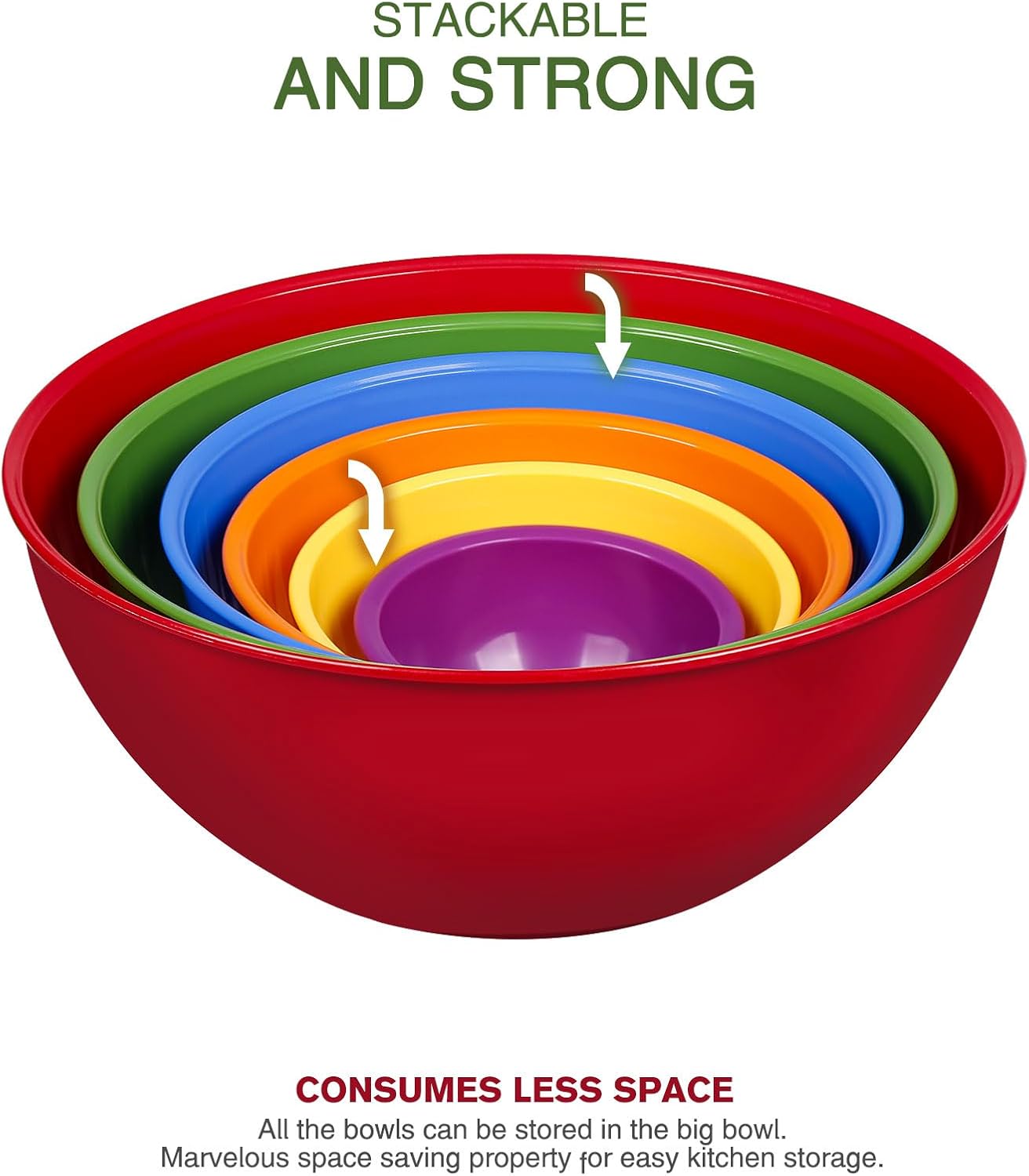 Plastic Mixing Bowls with Lids Set for Kitchen, 6 Set Nesting Bowls for Mixing, Baking, Prepping, Cooking and Serving Food, Mixing Bowls Dishwasher, Microwave Safe